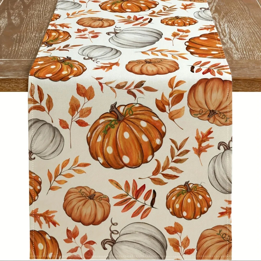 Autumn Pumpkin Table Runner – Vibrant Orange Pumpkins & Maple Leaves for Thanksgiving Dining & Indoor/Outdoor Decoration