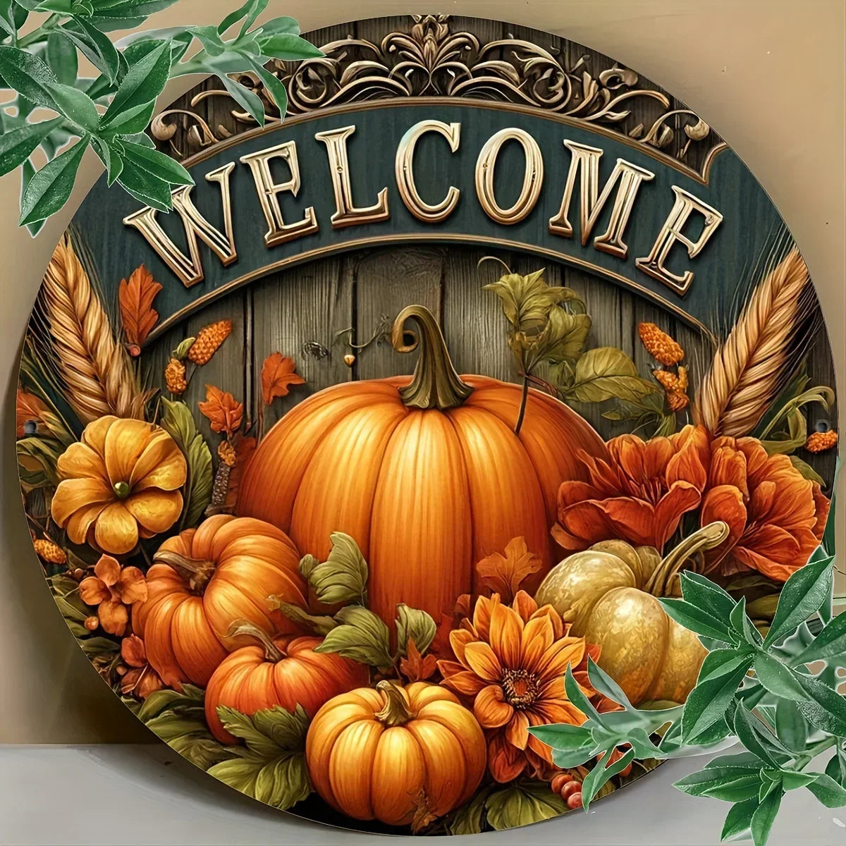 Charming 8" Round Metal Welcome Sign: Ideal for Fall, Thanksgiving, and Harvest Festival Decor – Perfect for Home or Cafe