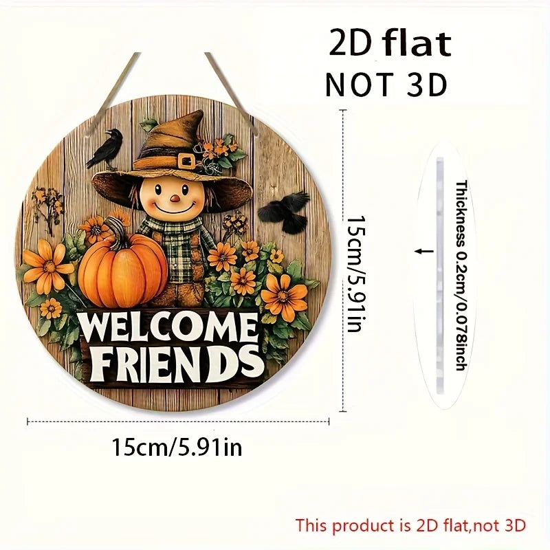 2D Flat, 1pc Vintage Scarecrow & Pumpkin Wooden Wall Hanging - Rustic "Welcome Friends" Thanksgiving Decoration, Autumn Harvest