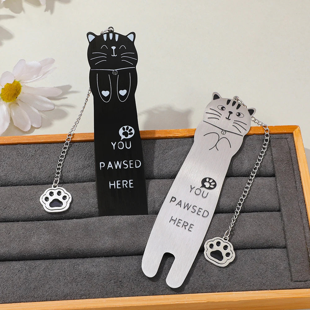 Cute black and white cat metal bookmark for sale - You Pawsed Here, a fun bookmark pendant for Thanksgiving and birthdays.