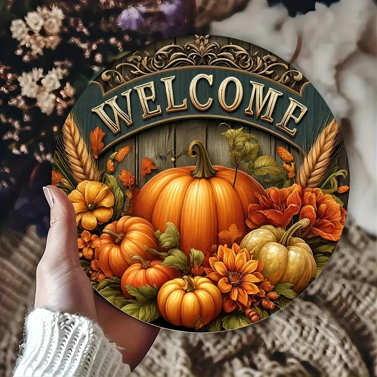 Charming 8" Round Metal Welcome Sign: Ideal for Fall, Thanksgiving, and Harvest Festival Decor – Perfect for Home or Cafe