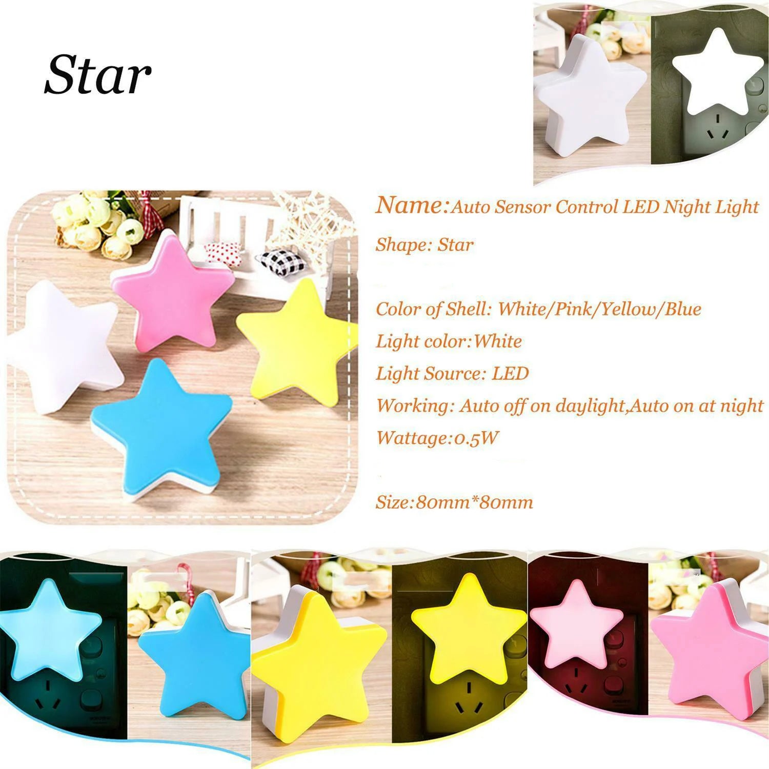 Hot Cute Pentagram Star Intelligent Sensor Lighting Control 4 Colors Small LED Night Light US/EU Plug Pink White Blue Yellow