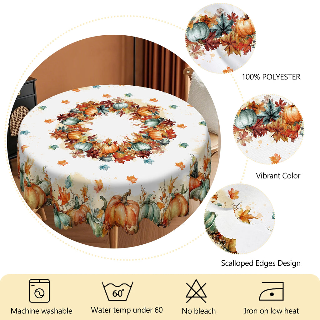 1 Piece of Autumn Thanksgiving Themed Tablecloth, Round/Rectangular Tablecloth with Pumpkin/Maple Leaf Pattern, Suitable for Autumn Holiday Parties, Family Gatherings, Gifts, Thanksgiving Table Decorations, Garden Courtyard T