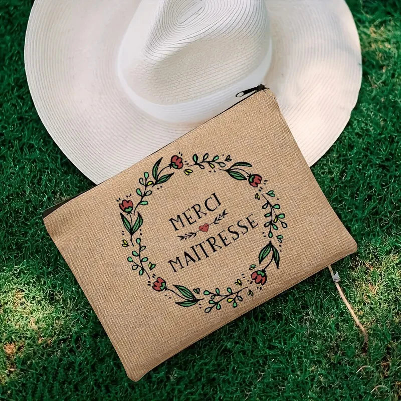 Thank You Mistress French Cosmetic Bag with Zipper Travel Necessity Skincare Linen Storage Student Pencil Case Gift for Teacher