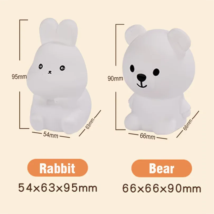 Kids Night Light, Cute Rabbit Bear Silicone Lamp with RGB Color Changing & Touch Control, Mood Light for Nursery & Home Decor