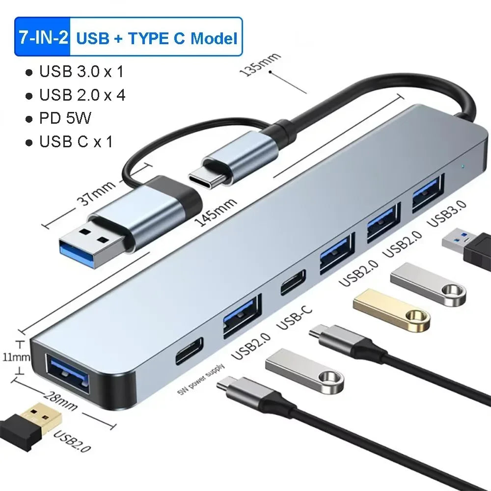 7-IN-2 USB3.0 HUB USB C HUB 5Gbps High Speed Transfer USB Splitter C- to-USB OTG Adapter for Macbook Pro Laptop Tablet