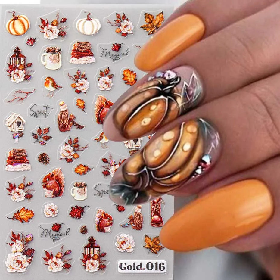 Maple Leaf Pumpkin Squirrel 3D Nail Art Stickers Thanksgiving Fall Birds Berry Fruits Self-Adhesive Decals Nail Art Supplies
