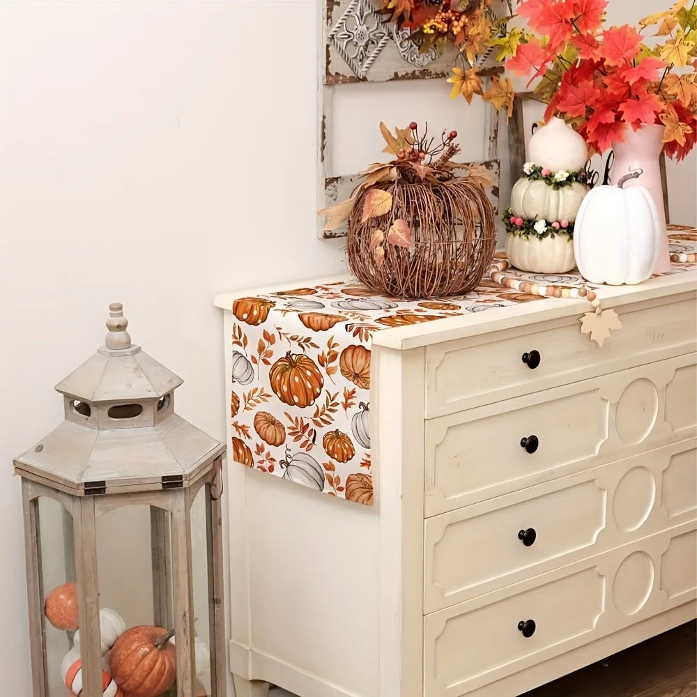 Autumn Pumpkin Table Runner – Vibrant Orange Pumpkins & Maple Leaves for Thanksgiving Dining & Indoor/Outdoor Decoration
