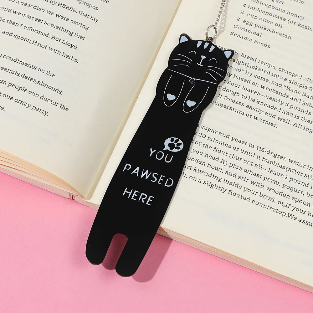 Cute black and white cat metal bookmark for sale - You Pawsed Here, a fun bookmark pendant for Thanksgiving and birthdays.