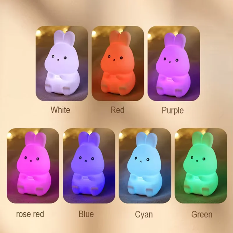 Kids Night Light, Cute Rabbit Bear Silicone Lamp with RGB Color Changing & Touch Control, Mood Light for Nursery & Home Decor