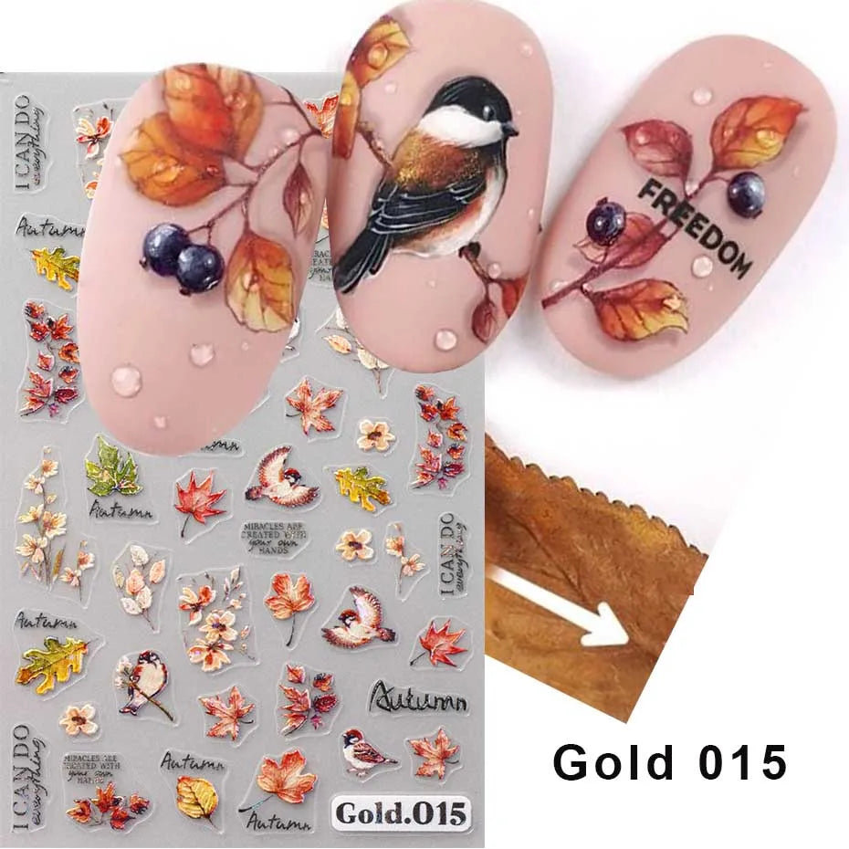 Maple Leaf Pumpkin Squirrel 3D Nail Art Stickers Thanksgiving Fall Birds Berry Fruits Self-Adhesive Decals Nail Art Supplies