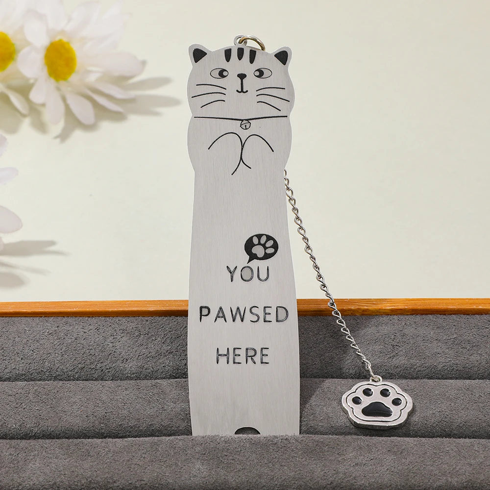 Cute black and white cat metal bookmark for sale - You Pawsed Here, a fun bookmark pendant for Thanksgiving and birthdays.