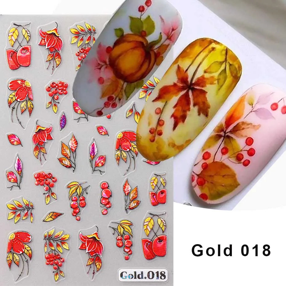 Maple Leaf Pumpkin Squirrel 3D Nail Art Stickers Thanksgiving Fall Birds Berry Fruits Self-Adhesive Decals Nail Art Supplies