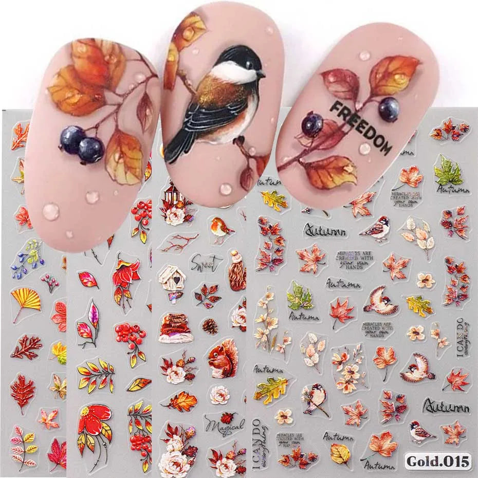 Maple Leaf Pumpkin Squirrel 3D Nail Art Stickers Thanksgiving Fall Birds Berry Fruits Self-Adhesive Decals Nail Art Supplies