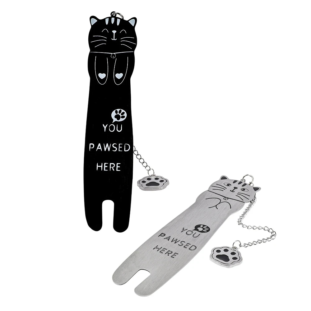 Cute black and white cat metal bookmark for sale - You Pawsed Here, a fun bookmark pendant for Thanksgiving and birthdays.
