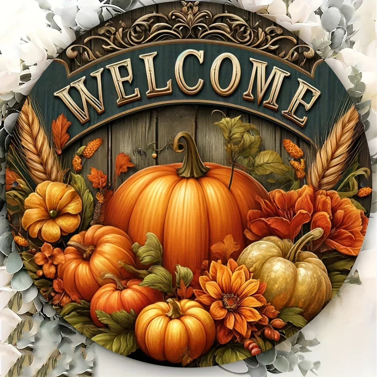 Charming 8" Round Metal Welcome Sign: Ideal for Fall, Thanksgiving, and Harvest Festival Decor – Perfect for Home or Cafe
