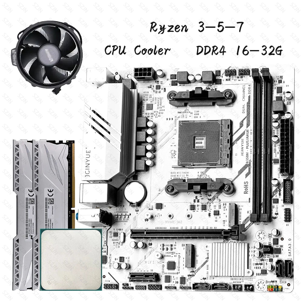 JGINYUE B350M Motherboard Set with AMD Ryzen 3/5/7 CPU Cooler DDR4 Dual Channel RAM Support M.2 NVME ARGB Computer Gaming Kit