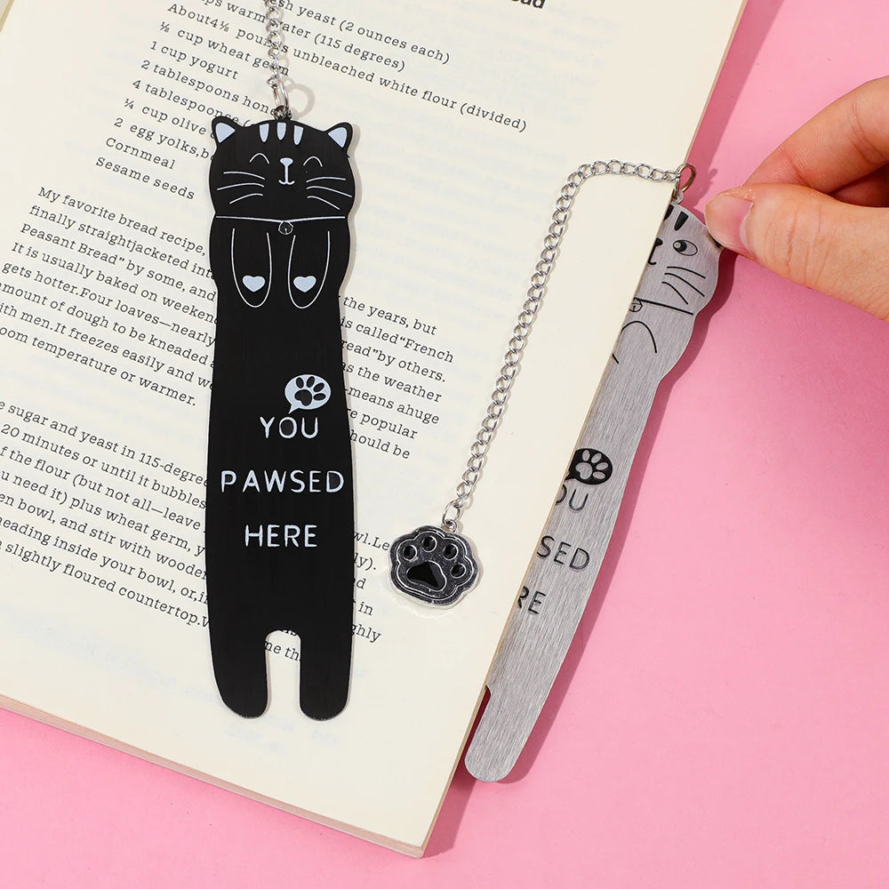 Cute black and white cat metal bookmark for sale - You Pawsed Here, a fun bookmark pendant for Thanksgiving and birthdays.