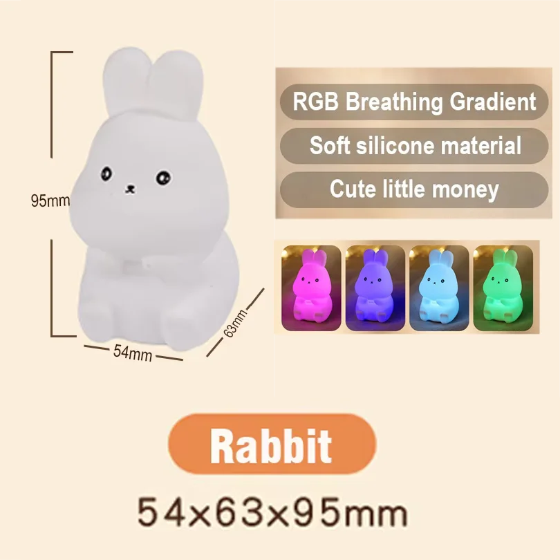 Kids Night Light, Cute Rabbit Bear Silicone Lamp with RGB Color Changing & Touch Control, Mood Light for Nursery & Home Decor
