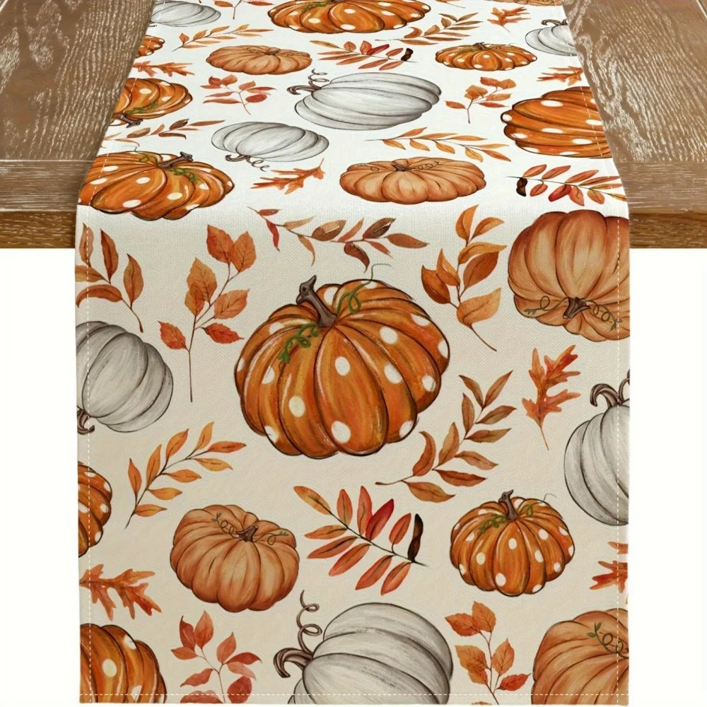 Autumn Pumpkin Table Runner – Vibrant Orange Pumpkins & Maple Leaves for Thanksgiving Dining & Indoor/Outdoor Decoration