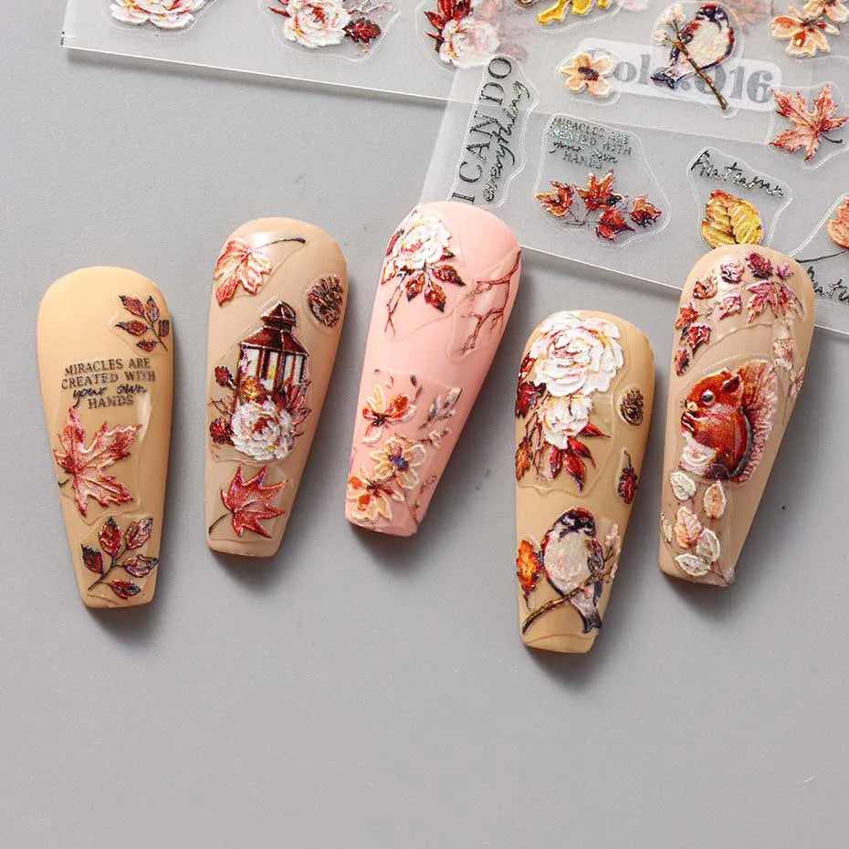 Maple Leaf Pumpkin Squirrel 3D Nail Art Stickers Thanksgiving Fall Birds Berry Fruits Self-Adhesive Decals Nail Art Supplies