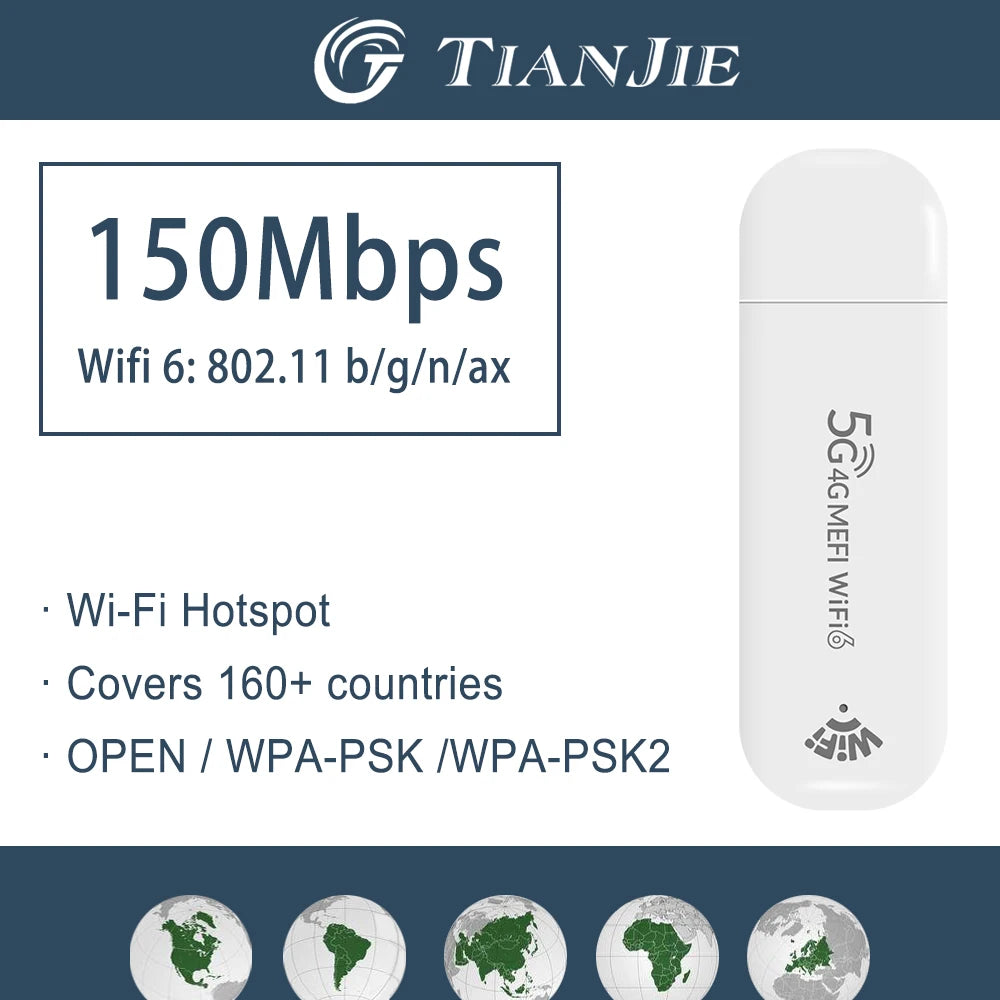 TIANJIE Strong Wi-Fi 6 Signal 4G MiFi Router - Ultra-Portable 3 Antennas Secure Encryption for Global Travel Home & Outdoor Use