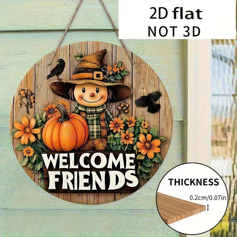 2D Flat, 1pc Vintage Scarecrow & Pumpkin Wooden Wall Hanging - Rustic "Welcome Friends" Thanksgiving Decoration, Autumn Harvest