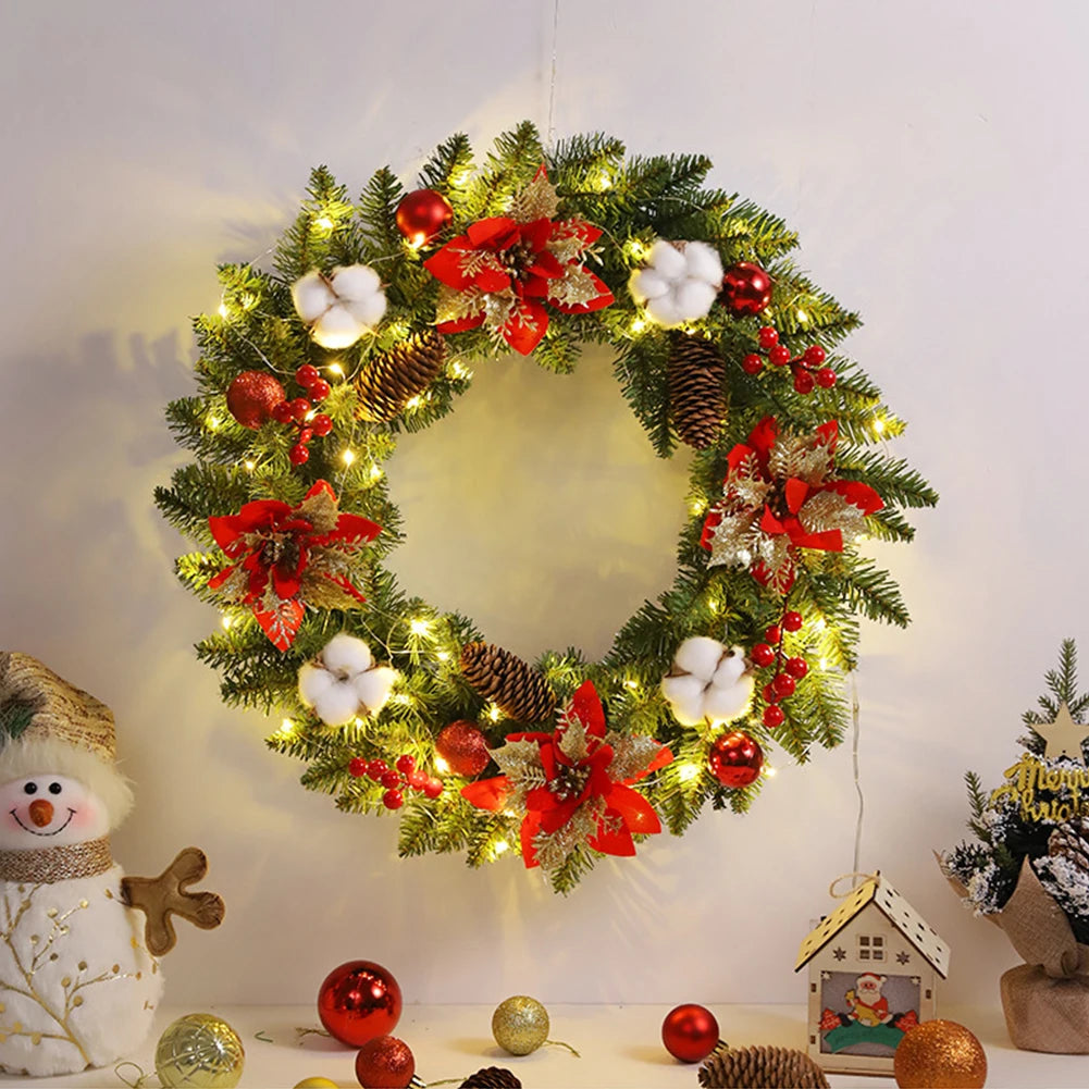 Hot 2025 New Christmas Wreath Front Door Wreath with Lights Vintage Farm Wreath With Pine Cones Fall For Thanksgiving Xmas Decor