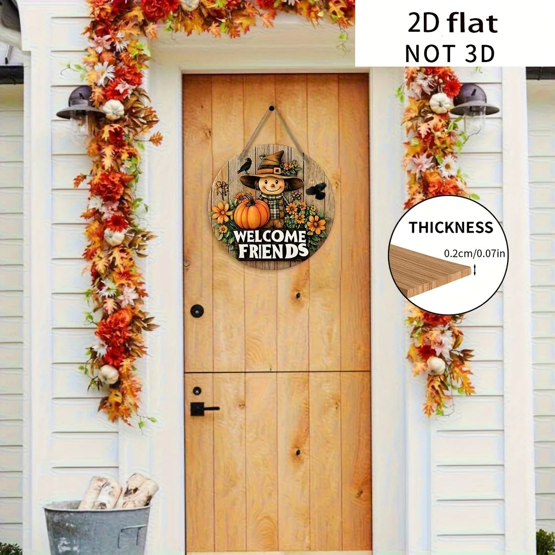 2D Flat, 1pc Vintage Scarecrow & Pumpkin Wooden Wall Hanging - Rustic "Welcome Friends" Thanksgiving Decoration, Autumn Harvest