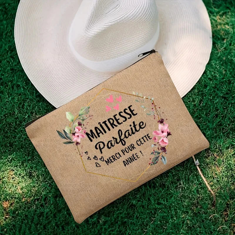 Thank You Mistress French Cosmetic Bag with Zipper Travel Necessity Skincare Linen Storage Student Pencil Case Gift for Teacher