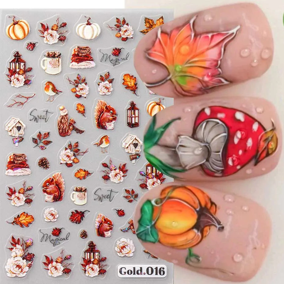 Maple Leaf Pumpkin Squirrel 3D Nail Art Stickers Thanksgiving Fall Birds Berry Fruits Self-Adhesive Decals Nail Art Supplies