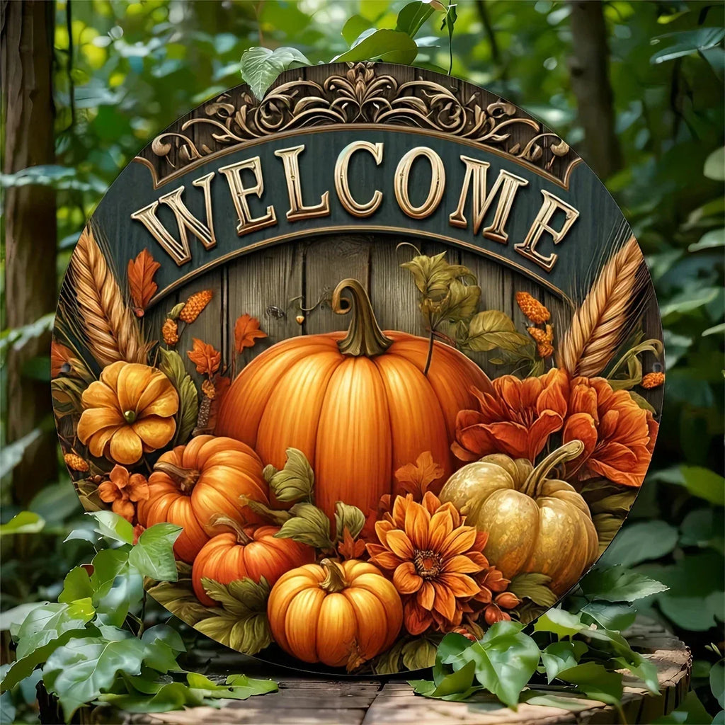 Charming 8" Round Metal Welcome Sign: Ideal for Fall, Thanksgiving, and Harvest Festival Decor – Perfect for Home or Cafe