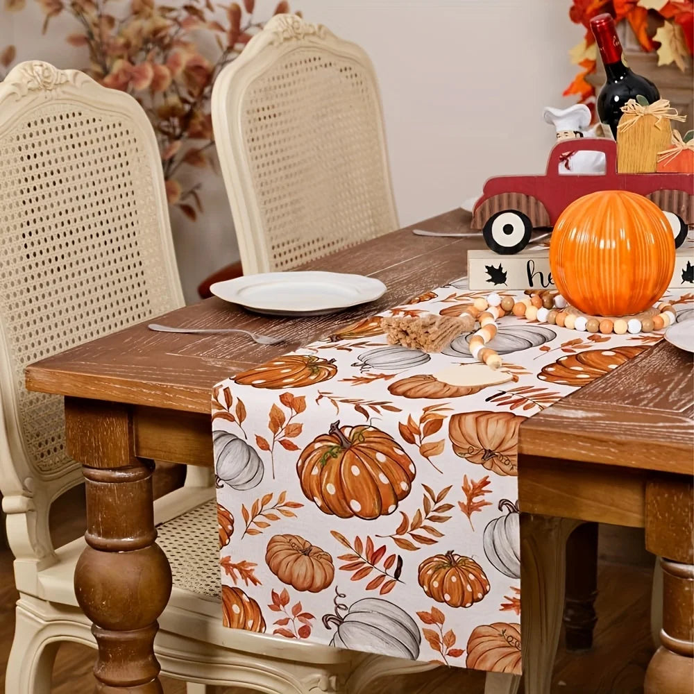 Autumn Pumpkin Table Runner – Vibrant Orange Pumpkins & Maple Leaves for Thanksgiving Dining & Indoor/Outdoor Decoration