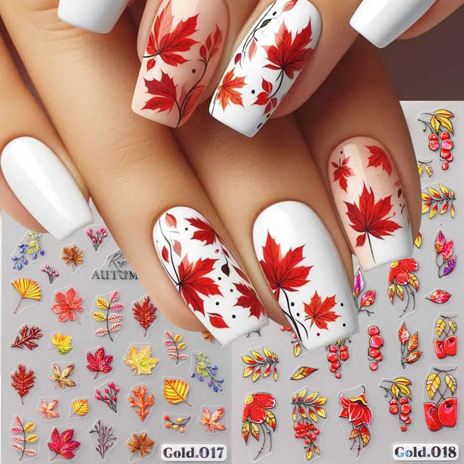 Maple Leaf Pumpkin Squirrel 3D Nail Art Stickers Thanksgiving Fall Birds Berry Fruits Self-Adhesive Decals Nail Art Supplies