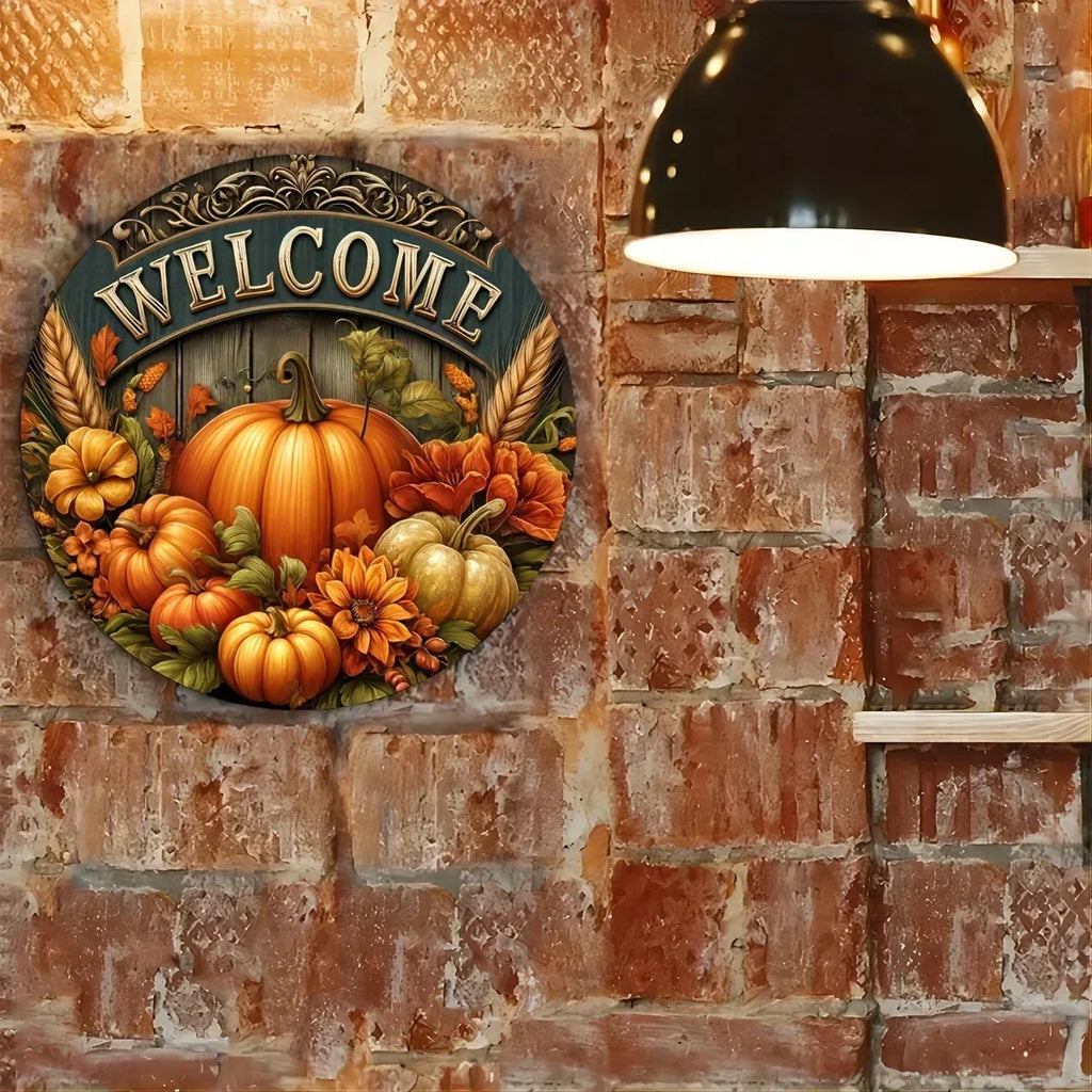 Charming 8" Round Metal Welcome Sign: Ideal for Fall, Thanksgiving, and Harvest Festival Decor – Perfect for Home or Cafe