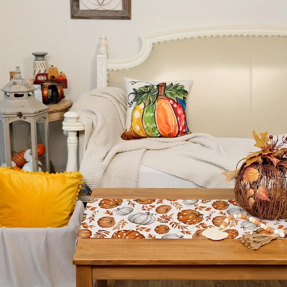 Autumn Pumpkin Table Runner – Vibrant Orange Pumpkins & Maple Leaves for Thanksgiving Dining & Indoor/Outdoor Decoration
