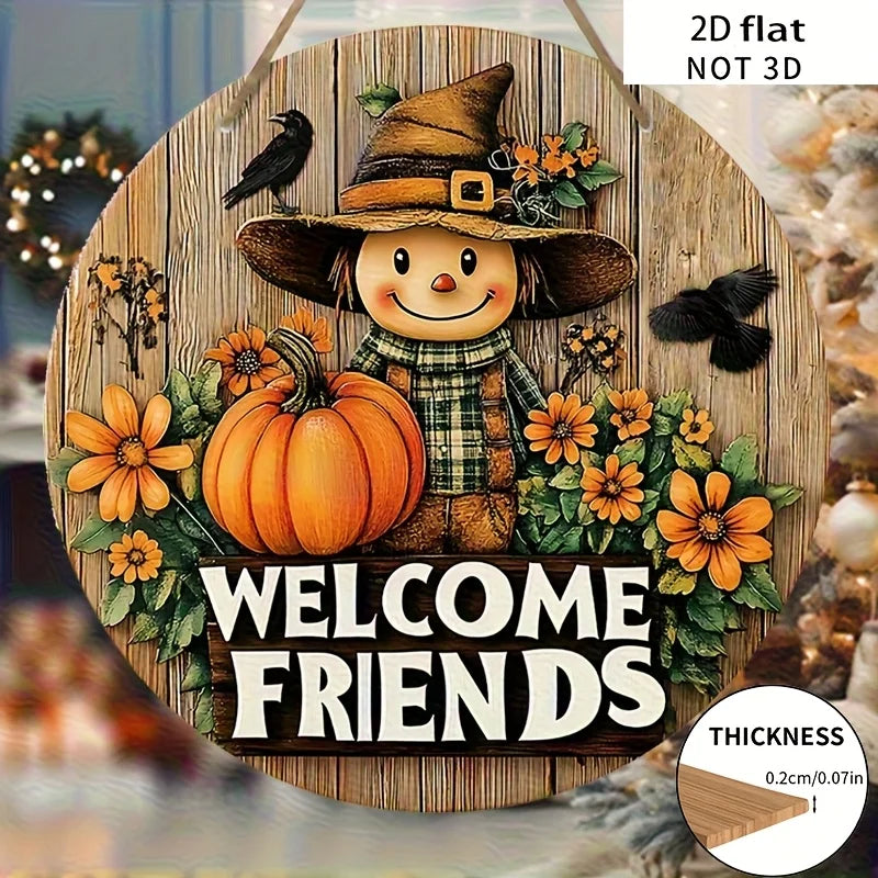 2D Flat, 1pc Vintage Scarecrow & Pumpkin Wooden Wall Hanging - Rustic "Welcome Friends" Thanksgiving Decoration, Autumn Harvest