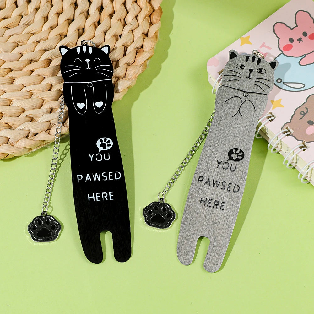 Cute black and white cat metal bookmark for sale - You Pawsed Here, a fun bookmark pendant for Thanksgiving and birthdays.