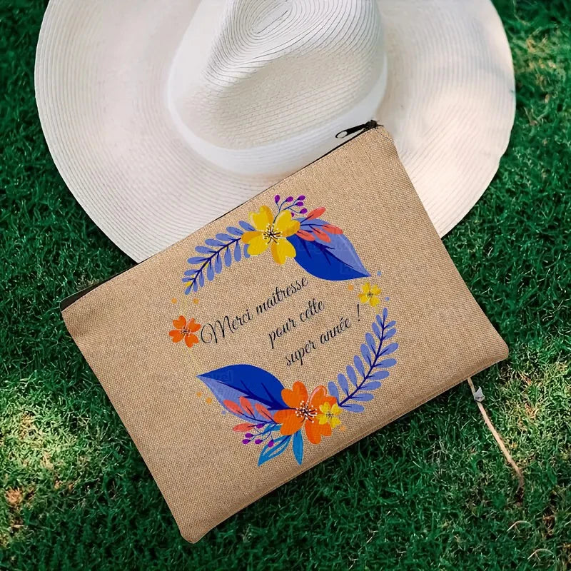 Thank You Mistress French Cosmetic Bag with Zipper Travel Necessity Skincare Linen Storage Student Pencil Case Gift for Teacher