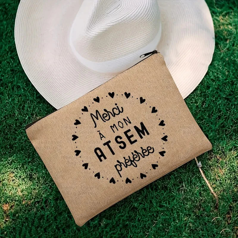 Thank You Mistress French Cosmetic Bag with Zipper Travel Necessity Skincare Linen Storage Student Pencil Case Gift for Teacher